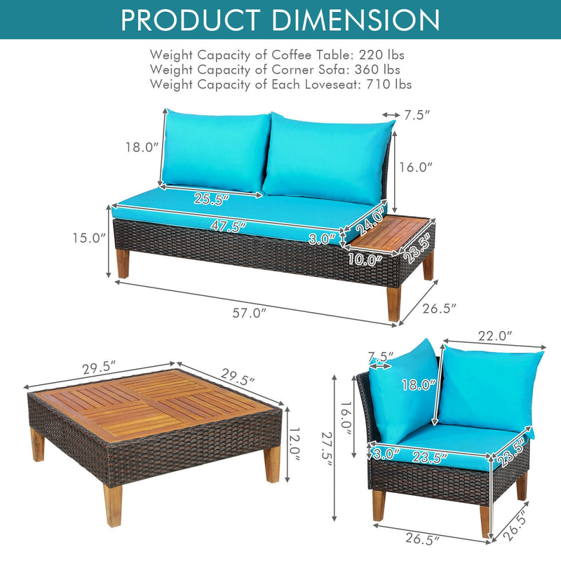 Costway - 4 Pieces Patio Cushioned Rattan Furniture Set with Wooden Side Table-Turquoise