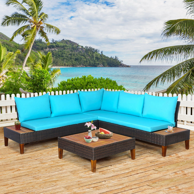 Costway - 4 Pieces Patio Cushioned Rattan Furniture Set with Wooden Side Table-Turquoise
