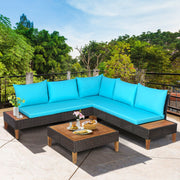 Costway - 4 Pieces Patio Cushioned Rattan Furniture Set with Wooden Side Table-Turquoise