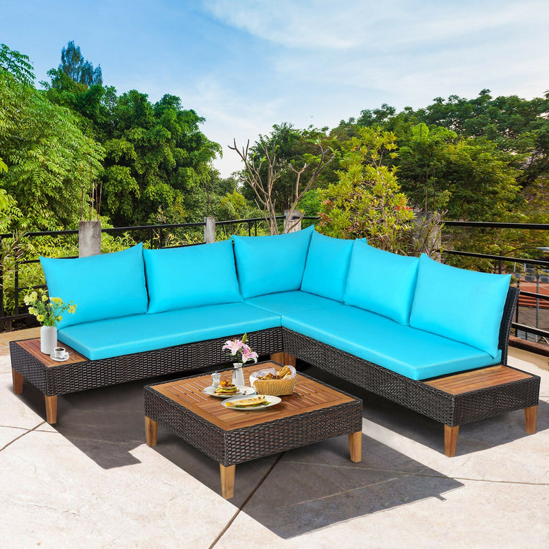 Costway - 4 Pieces Patio Cushioned Rattan Furniture Set with Wooden Side Table-Turquoise