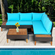 Costway - 4 Pieces Patio Cushioned Rattan Furniture Set with Wooden Side Table-Turquoise