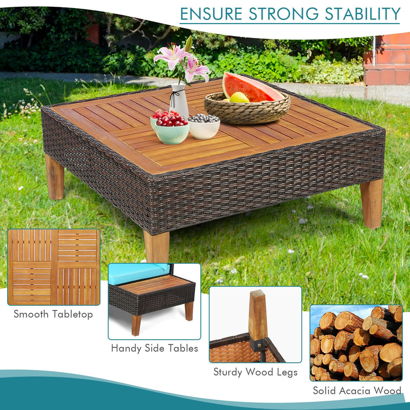 Costway - 4 Pieces Patio Cushioned Rattan Furniture Set with Wooden Side Table-Turquoise