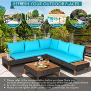 Costway - 4 Pieces Patio Cushioned Rattan Furniture Set with Wooden Side Table-Turquoise