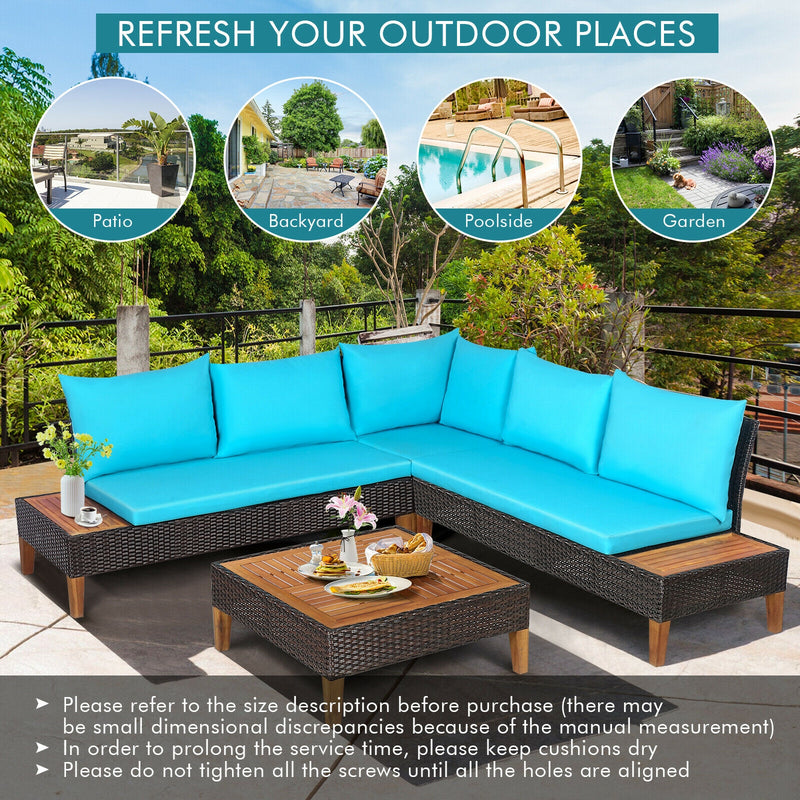 Costway - 4 Pieces Patio Cushioned Rattan Furniture Set with Wooden Side Table-Turquoise