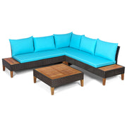 Costway - 4 Pieces Patio Cushioned Rattan Furniture Set with Wooden Side Table-Turquoise