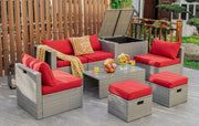 Costway - 8 Pieces Patio Rattan Furniture Set with Storage Waterproof Cover and Cushion-Red
