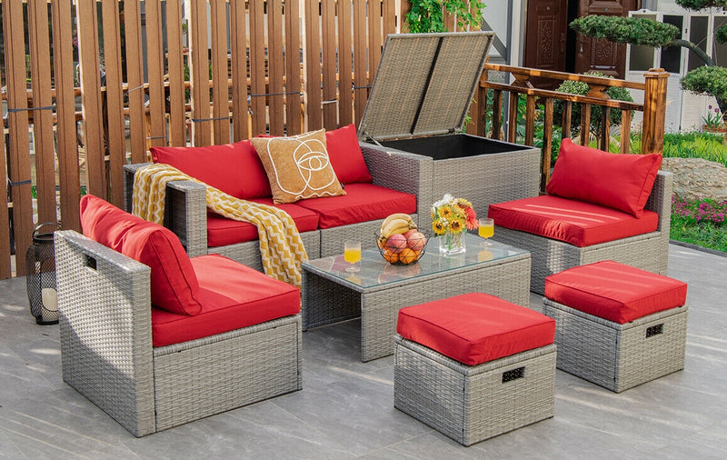 Costway - 8 Pieces Patio Rattan Furniture Set with Storage Waterproof Cover and Cushion-Red