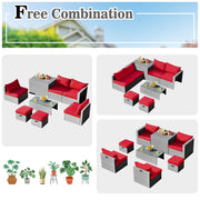 Costway - 8 Pieces Patio Rattan Furniture Set with Storage Waterproof Cover and Cushion-Red