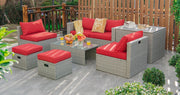Costway - 8 Pieces Patio Rattan Furniture Set with Storage Waterproof Cover and Cushion-Red