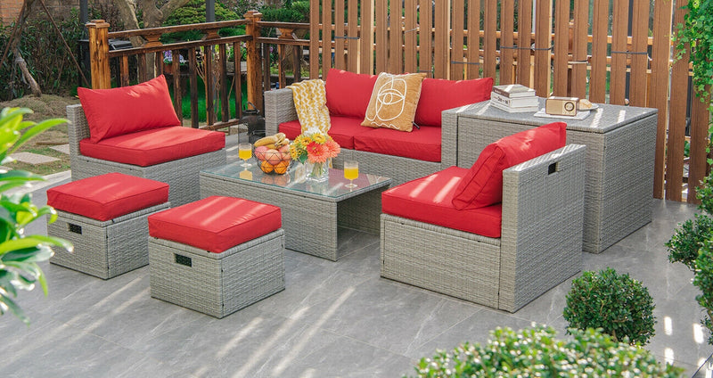 Costway - 8 Pieces Patio Rattan Furniture Set with Storage Waterproof Cover and Cushion-Red