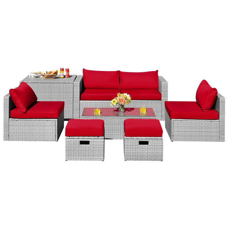Costway - 8 Pieces Patio Rattan Furniture Set with Storage Waterproof Cover and Cushion-Red