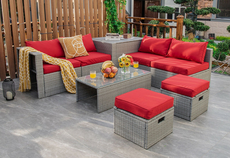 Costway - 8 Pieces Patio Rattan Furniture Set with Storage Waterproof Cover and Cushion-Red