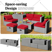 Costway - 8 Pieces Patio Rattan Furniture Set with Storage Waterproof Cover and Cushion-Red