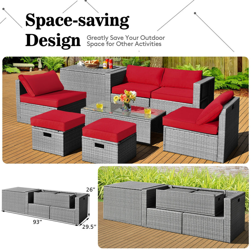 Costway - 8 Pieces Patio Rattan Furniture Set with Storage Waterproof Cover and Cushion-Red
