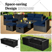 Costway - 8 Pieces Patio Rattan Storage Table Furniture Set-Navy