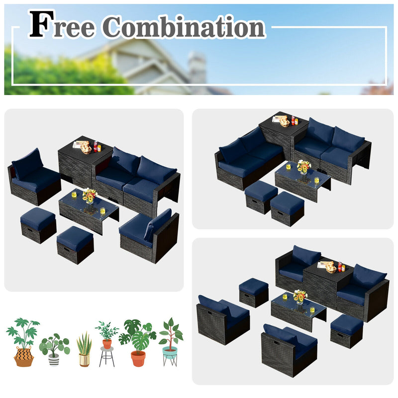 Costway - 8 Pieces Patio Rattan Storage Table Furniture Set-Navy