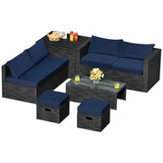 Costway - 8 Pieces Patio Rattan Storage Table Furniture Set-Navy
