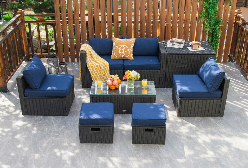 Costway - 8 Pieces Patio Rattan Storage Table Furniture Set-Navy