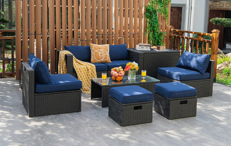 Costway - 8 Pieces Patio Rattan Storage Table Furniture Set-Navy