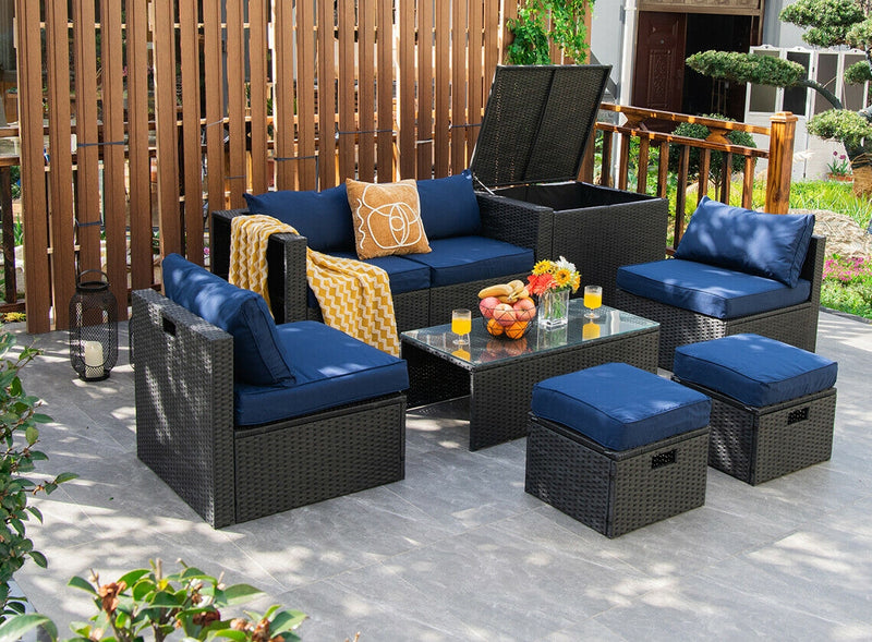 Costway - 8 Pieces Patio Rattan Storage Table Furniture Set-Navy