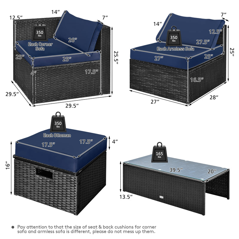 Costway - 8 Pieces Patio Rattan Storage Table Furniture Set-Navy