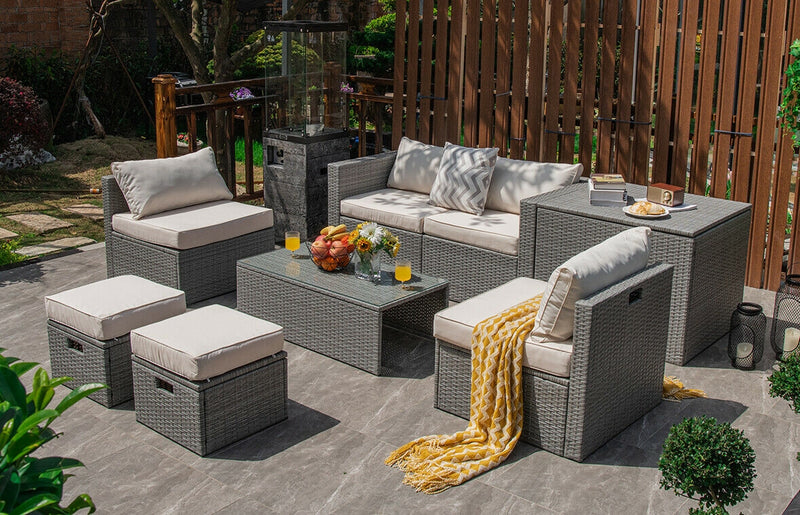 Costway - 8 Pieces Patio Rattan Furniture Set with Storage Waterproof Cover and Cushion-Off White