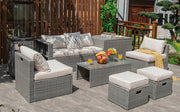 Costway - 8 Pieces Patio Rattan Furniture Set with Storage Waterproof Cover and Cushion-Off White