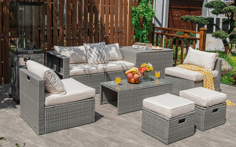 Costway - 8 Pieces Patio Rattan Furniture Set with Storage Waterproof Cover and Cushion-Off White