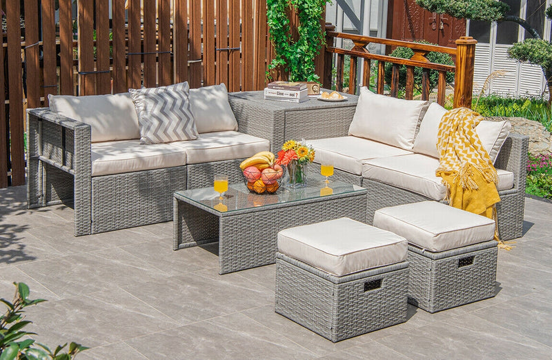 Costway - 8 Pieces Patio Rattan Furniture Set with Storage Waterproof Cover and Cushion-Off White