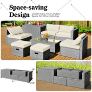 Costway - 8 Pieces Patio Rattan Furniture Set with Storage Waterproof Cover and Cushion-Off White