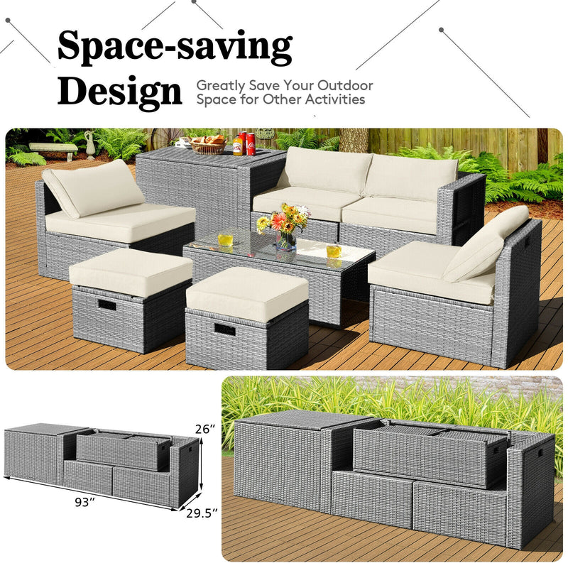 Costway - 8 Pieces Patio Rattan Furniture Set with Storage Waterproof Cover and Cushion-Off White