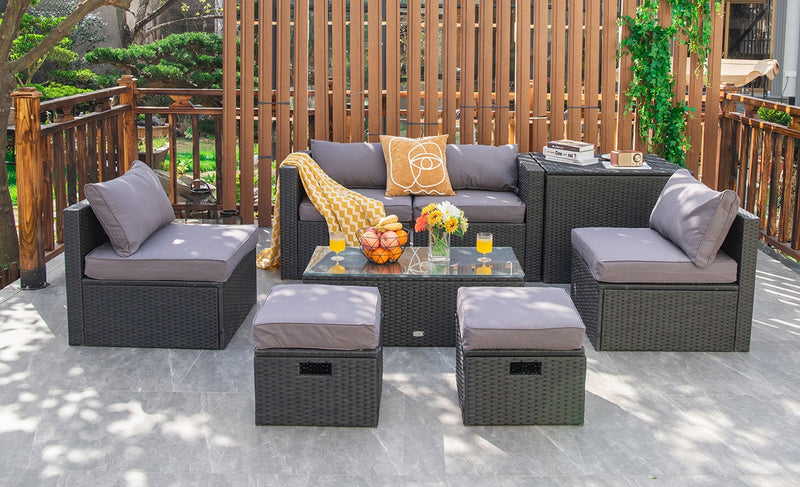 Costway - 8 Pieces Patio Rattan Storage Table Furniture Set-Gray