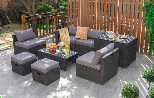 Costway - 8 Pieces Patio Rattan Storage Table Furniture Set-Gray