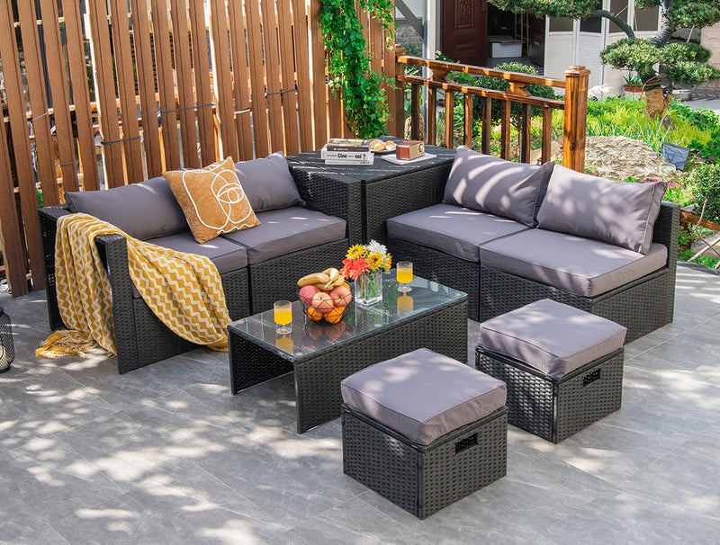 Costway - 8 Pieces Patio Rattan Storage Table Furniture Set-Gray