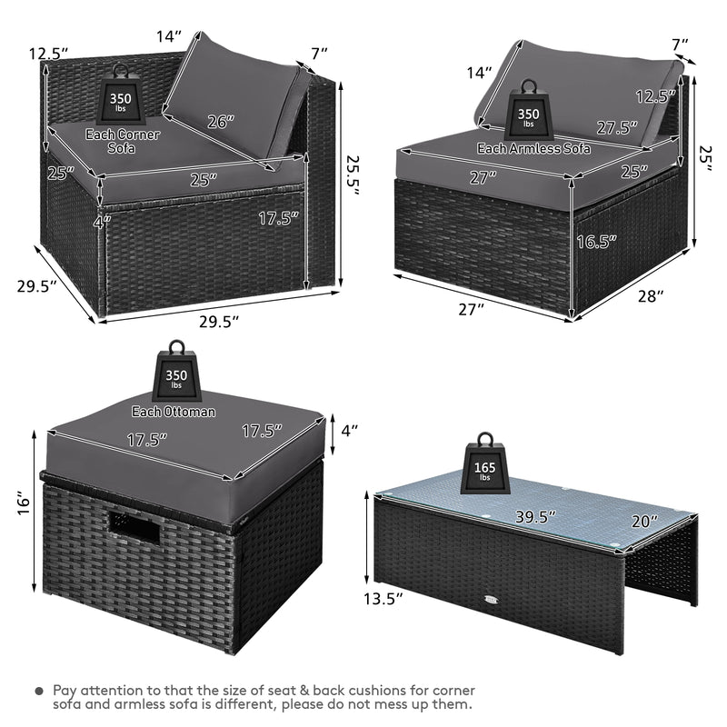 Costway - 8 Pieces Patio Rattan Storage Table Furniture Set-Gray
