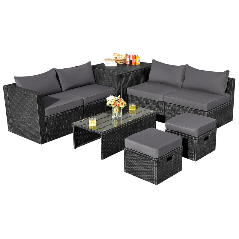 Costway - 8 Pieces Patio Rattan Storage Table Furniture Set-Gray