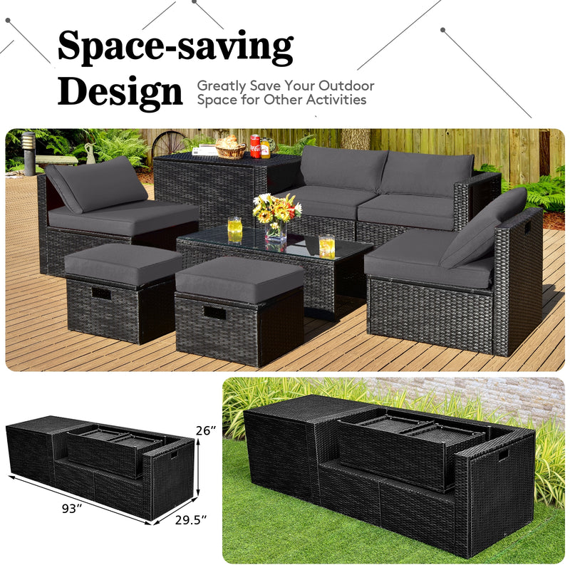 Costway - 8 Pieces Patio Rattan Storage Table Furniture Set-Gray