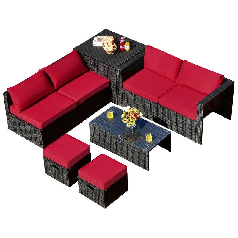Costway - 8 Pieces Patio Rattan Storage Table Furniture Set-Red