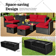 Costway - 8 Pieces Patio Rattan Storage Table Furniture Set-Red