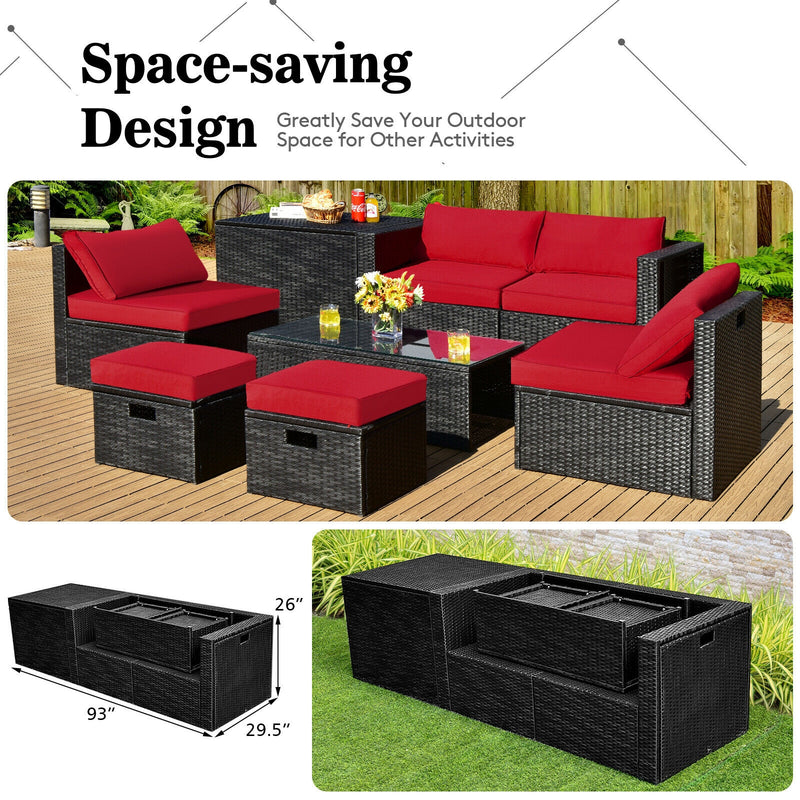 Costway - 8 Pieces Patio Rattan Storage Table Furniture Set-Red