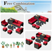 Costway - 8 Pieces Patio Rattan Storage Table Furniture Set-Red