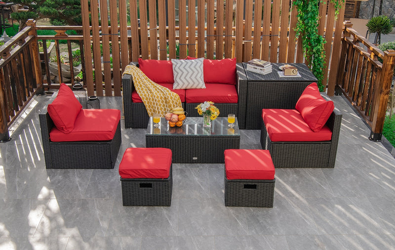 Costway - 8 Pieces Patio Rattan Storage Table Furniture Set-Red