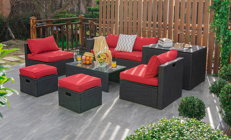 Costway - 8 Pieces Patio Rattan Storage Table Furniture Set-Red