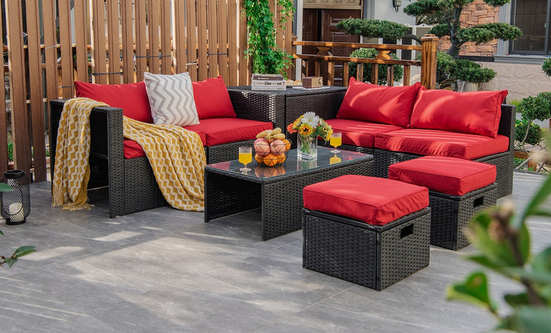 Costway - 8 Pieces Patio Rattan Storage Table Furniture Set-Red