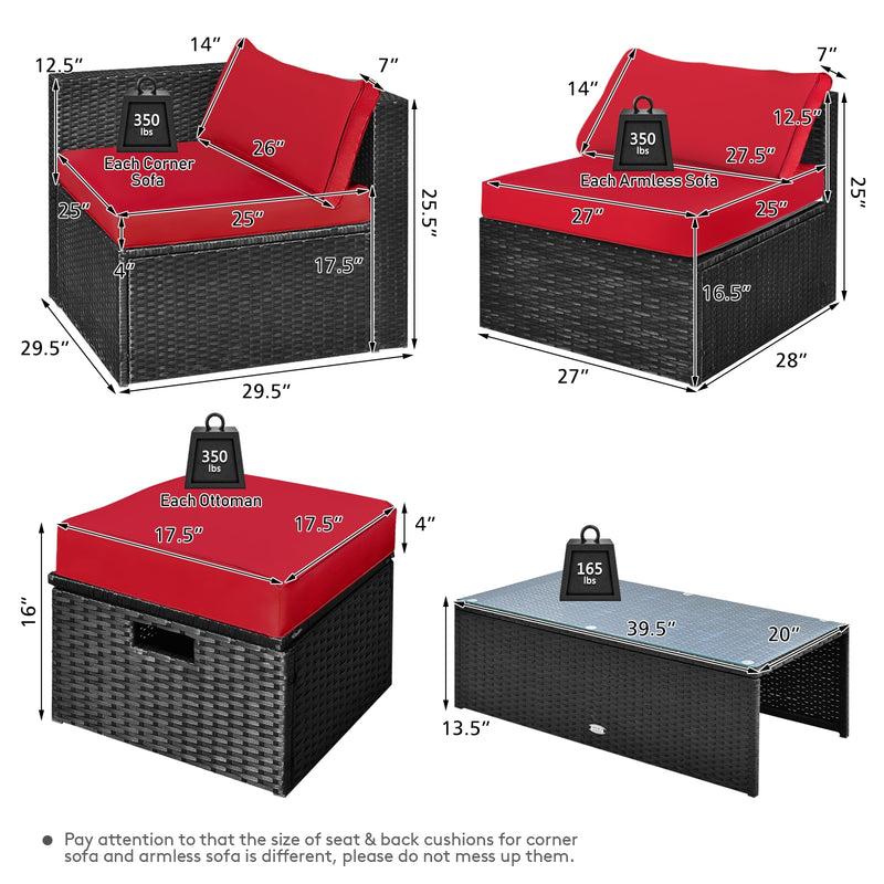 Costway - 8 Pieces Patio Rattan Storage Table Furniture Set-Red