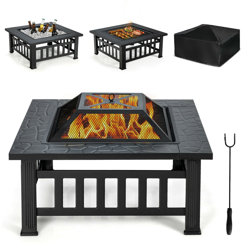 Costway - 32 Inch 3 in 1 Outdoor Square Fire Pit Table with BBQ Grill and Rain Cover for Camping
