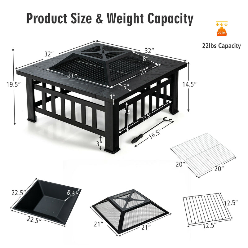 Costway - 32 Inch 3 in 1 Outdoor Square Fire Pit Table with BBQ Grill and Rain Cover for Camping