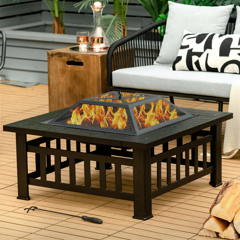 Costway - 32 Inch 3 in 1 Outdoor Square Fire Pit Table with BBQ Grill and Rain Cover for Camping