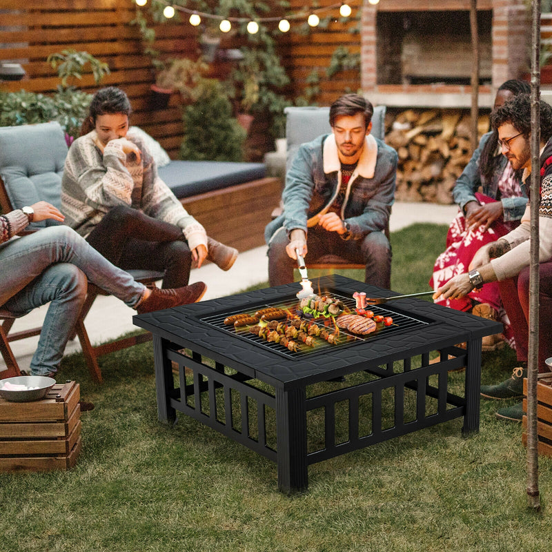 Costway - 32 Inch 3 in 1 Outdoor Square Fire Pit Table with BBQ Grill and Rain Cover for Camping