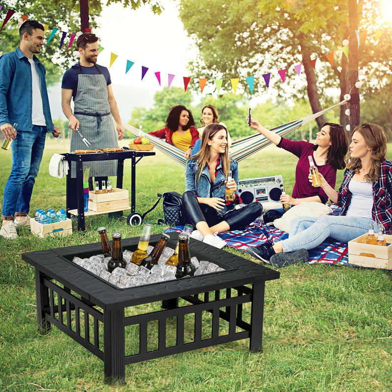 Costway - 32 Inch 3 in 1 Outdoor Square Fire Pit Table with BBQ Grill and Rain Cover for Camping